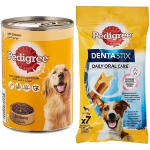 Bocconcini di pollo Pedigree in sugo cibo umido per cani lattina 400g e Dentastix dolcetti per cani di piccola taglia 7 pezzi Multipack 110g