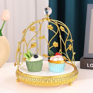Plateau à gâteau en forme de cage à oiseaux en métal forgé, bord semi-enveloppé, présentoir à gâteau, plateau à fruits à double couche en céramique - Product Image 1