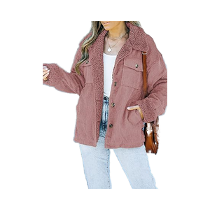 Veste Sherpa en velours côtelé pour femme avec fermeture à glissière bouton respirant col en fourrure polaire manteau chaud d'hiver motif solide Logo avant - Product Image 1