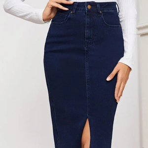 Jupe en jean pour femmes, élégante et longue, adaptée aux tenues de printemps et d'automne, jupe en jean pour femmes, taille haute, coupe droite - Product Image 4