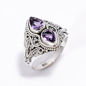 Bague en argent sterling 925 pur, faite à la main, avec deux pierres précieuses améthyste, filigrane, pour femmes, cadeau unisexe pour femme - Product Image 1