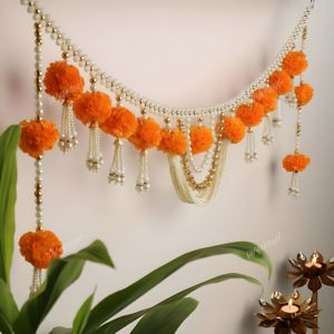 Divyakosh truyền thống 37 inch Cửa Treo bandhanwar handmade Cúc Vạn Thọ hoa với <span class=keywords><strong>moti</strong></span> toran cho trang trí nội thất cho Diwali - Product Image 1