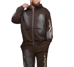 Custom Streetwear Hooded Lightweight Drawstring Vintage Embroidery <b>Patch</b> Acid Wash Winter 3D Puff Embroidered Fleece Suit - Product Image 5