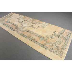 Alfombra Vintage, Alfombra Turca de 3.5x10.6 pies, Alfombra Marroquí de Lana Amarilla y Azul - Product Image 1