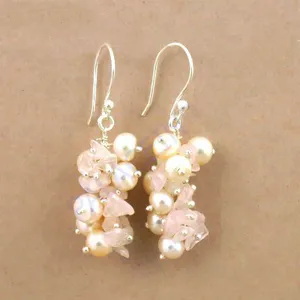 Boucles d'oreilles pendantes romantiques pour femmes, en alliage d'argent 925, style cluster, plaqué argent, avec quartz rose - Product Image 2