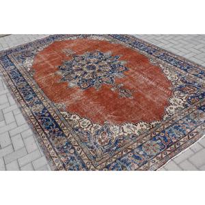 Alfombra Vintage de 7.3x11.1 pies, Alfombra Turca Extra Grande, Alfombra Floral Roja y Azul - Product Image 1