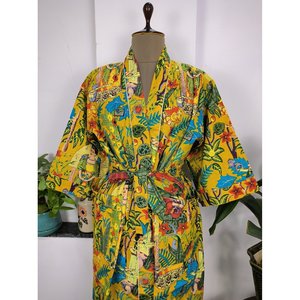 Kimono Boho-Hausmantel Aus Reiner Baumwolle Sommerkleid in Senfgelb Farida Khalo Fr Freizeit Und Tag Handblock-Indien - Product Image 4
