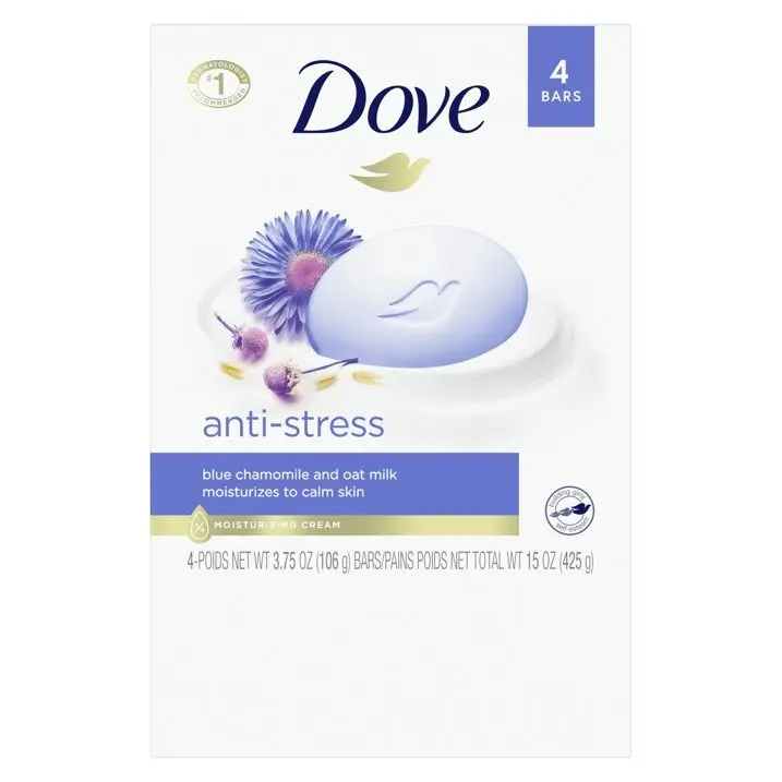 صابون حبة التجميل Dove المضاد للضغوط والجلد الجاف، بابونج أزرق وحليب الشوفان، 3.75 أوقية (4 قطع)