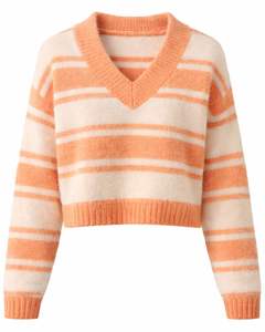 Customized Peach White Striped <b>Women</b> V Neck Knit Sweater Soft Fuzzy Fabric Long Sleeve <b>Cropped</b> Winter Casual Fashion Pullover - Product Image 1