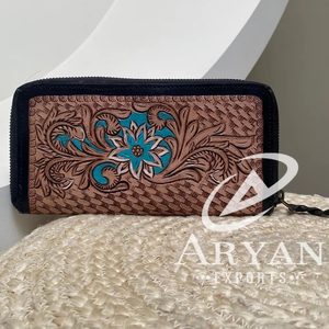 Portefeuille fleur Turquoise en cuir repoussé à la main élégant en cuir véritable fermeture éclair Continental sac à main Western portefeuille porte-cartes cadeaux pour elle - Product Image 1