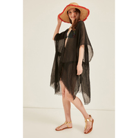 Pareo de playa negro atemporal con flecos, caftán transparente con borlas, pareo de natación, sarong duradero con tacto de algodón, enrollado a mano, tradicional de verano