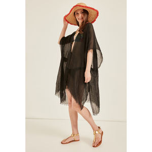 Pareo de Playa Negro Atemporal con Flecos, Kaftán Transparente con Borlas, Cubrebañador, Sarong Duradero con Sensación de Algodón, Bordes Enrollados a Mano para Verano - Product Image 2