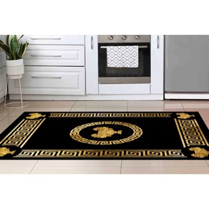 Alfombra con diseño griego: Patrón geométrico negro y dorado, decoración moderna para el hogar, alfombra delgada no tejida - Product Image 4