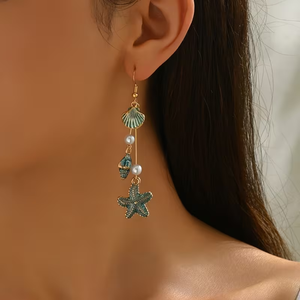 <span class=keywords><strong>Orecchini</strong></span> Lunghi Trendy Bohemien da Vacanza con Pendente in Lega a Forma di Stella Marina <span class=keywords><strong>Blu</strong></span> Geometrica con Smalto a Goccia, Perla Sintetica e Nappa - Product Image 5