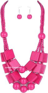 Collier de perles en bois fait à la main Rose rouge 3 couches pour femmes Boho Tribal Style ethnique bijoux écologiques - Product Image 2