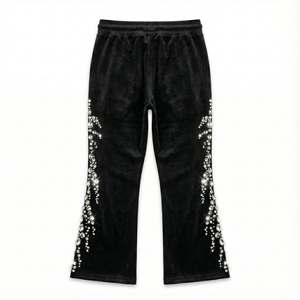 Hot Women Heavyweight Velour Flare Pants Custom Rhinestone Side Drip Painted Glitter Print <b>Streetwear</b> High Street <b>Y2K</b> Fashion - Product Image 2