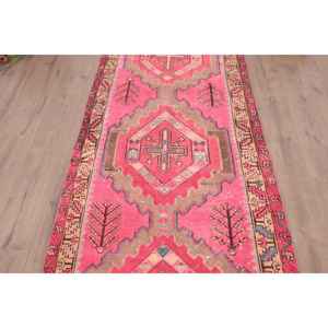 Alfombra Turca Vintage, Alfombra de Pasillo de 3.4x9.4 pies, Alfombra de Lana con Diseño de Camuflaje Rojo y Azul - Product Image 3