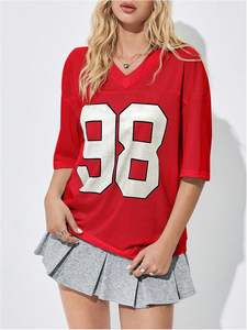 Mode Streetwear Hip-hop Jersey classique numéro T-shirt femmes 2025 nouveauté femmes paillettes col en V croix haut chemise - Product Image 5