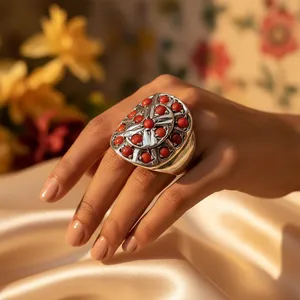 Vintage <b>925</b> <b>Silver</b> Cocktail <b>Ring</b> with Coral Stones Cross Pattern Bezel Setting Women's Jewelry - Product Image 1