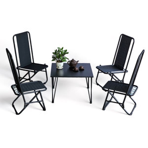 Minimalist Living Room Furniture Combo Set Square Oak Wood and 4 Foldable Mesh Chairs Convertible <b>Coffee</b> <b>Table</b>-CBCF291 - Product Image 1