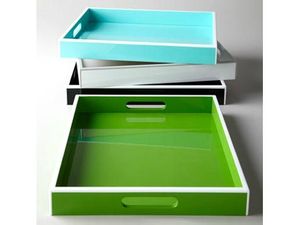 Ensemble de plateaux de service en bois laqué turquoise de qualité supérieure, 3 pièces, rectangulaires, décoratifs, emboîtables, avec poignées, table basse pour la maison - Product Image 2