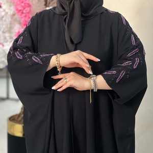 Abaya de luxe pour femmes de Dubaï, en soie faite à la main, anti-rides, manches longues, travail de cristal rose, élégante, modeste, robe de prière islamique, tout - Product Image 3