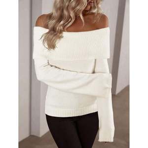 Pull en tricot côtelé à manches longues et épaules dénudées pour femme, couleur blanc cassé, pour l'automne et l'hiver - Product Image 1