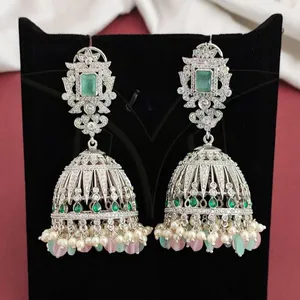 Full Stone White Rhodium Polish Designer Wear Beautiful Fancy Style Zircons Design Clusterpearls American Diamond Earrings