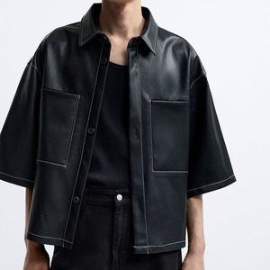 เสื้อเชิ้ตหนังวัวของผู้ชายทรงหลวมคอปกแบบกระดุมเปิดไหล่เสื้อหนัง PU แท้สำหรับผู้ชาย - Product Image 3