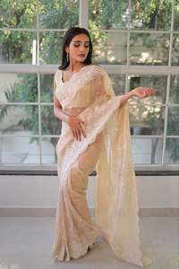 Sari en soie Georgette douce de haute qualité avec bordure en dentelle imprimée brodée en fil blanc pour mariage et fête - Product Image 3