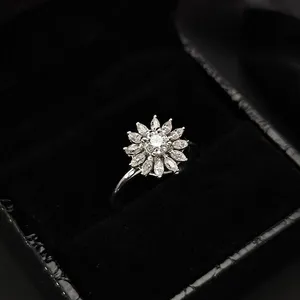 여성용 플로럴 라운드 랩 그로운 다이아몬드 약혼 반지, 그녀를 위한 14k 솔리드 골드 후작 다이아몬드 결혼 반지, 수제 선플로