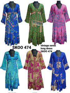 Vestido Sari Largo Estilo Bohemio Vintage para Mujer, Cuello en V, Manga Larga, Sedoso, con Decoración de Encaje con Volantes - Product Image 4