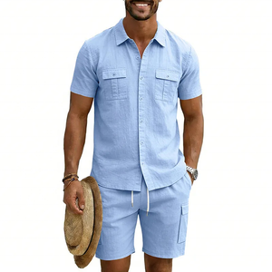 Men's Navy Blue Short Sleeve Shirt Cargo Shorts <b>Set</b> Casual Summer Outfit Solid Color Breathable <b>Knitted</b> Fabric BLIZ SPORTS WEAR - Product Image 2