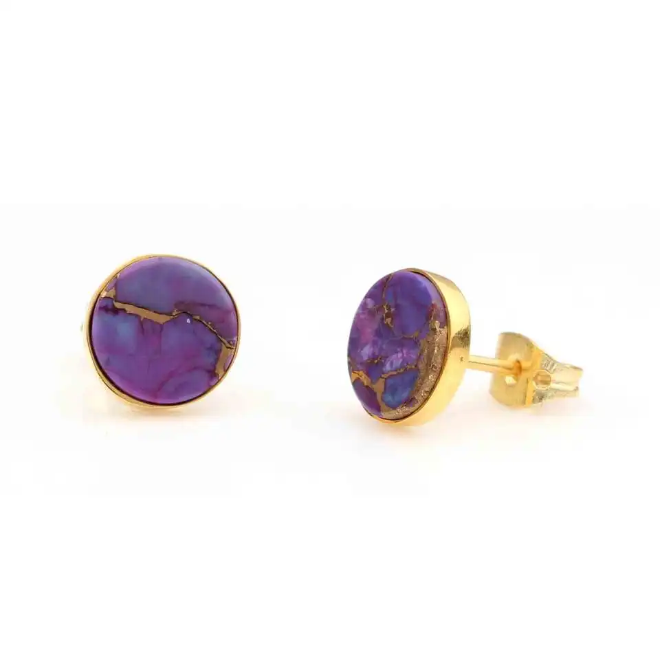 STUD025 Natural Purple Copper Turquoise Round 9mm Trendy Gold Plated Gemstone Silver Jewelry Stud Earring Gift For Women & Girls