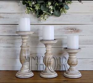 Lot de 3 bougeoirs pilier en bois de manguier lavé blanc Style tourné pièce centrale de table sculptée à la main autres bocaux à bougies lanternes - Product Image 3