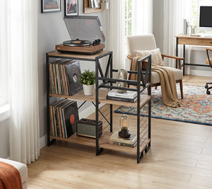 Support pour tourne-disque de style industriel avec étagères de rangement, structure en bois et métal, décoration multifonctionnelle pour salon - Product Image 4
