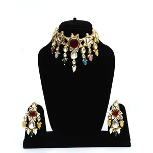 Ensemble de bijoux fins plaqué or 18 carats, collier choker en cristal et Kundan Polki avec zircon, perle et diamant, pour cadeau - Product Image 1