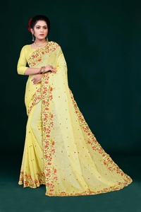 Multi-Thread Embroidery Moss Chiffon Saree <b>Stone</b> Work 5.5 Metre Length Awesome <b>Colour</b> Combination for Indian Pakistani Clothing - Product Image 5