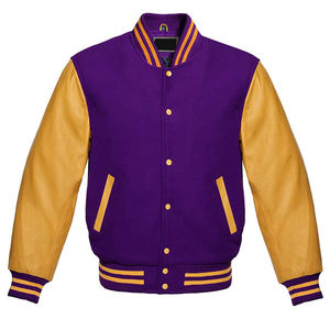 Veste universitaire violette à manches jaunes, style baseball unisexe, boutonnière, bordure côtelée, option de logo personnalisé, chaude et respirante - Product Image 3