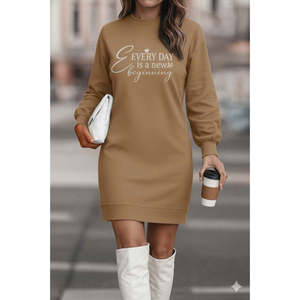 Robe courte en viscose à col ras du cou et manches longues pour femme, 29012 - Beige - Product Image 1