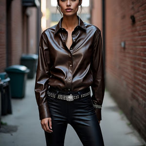 เสื้อหนังแท้ติดหมุดสีเงินสำหรับผู้หญิงเสื้อสตรีทแวร์ระบายอากาศได้ดีมีกระดุมกระเป๋าสองกระเป๋าด้านหน้ากันลมสำหรับฤดูหนาว - Product Image 3