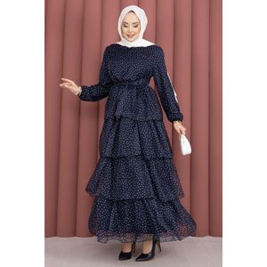 Robe trapèze bleu marine à pois superposés, design personnalisé, coupe Empire, longue, en crêpe, mousseline et polyester tissé, avec ceinture simple personnalisée, longueur genou - Product Image 5