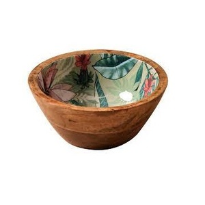Handcrafted Mango Wood Salad Bowl with Tropical Leaf Floral Enamel Inner Lining Wholesale Customize Handmade Wooden Serving Bowl - Product Image 1