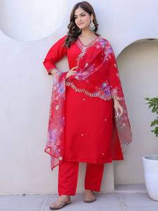 Pantalon Kurta en pure soie à paillettes brodées de fleurs rouges pour femmes, col en V, manches trois-quarts, costume Dupatta indien pakistan - Product Image 6