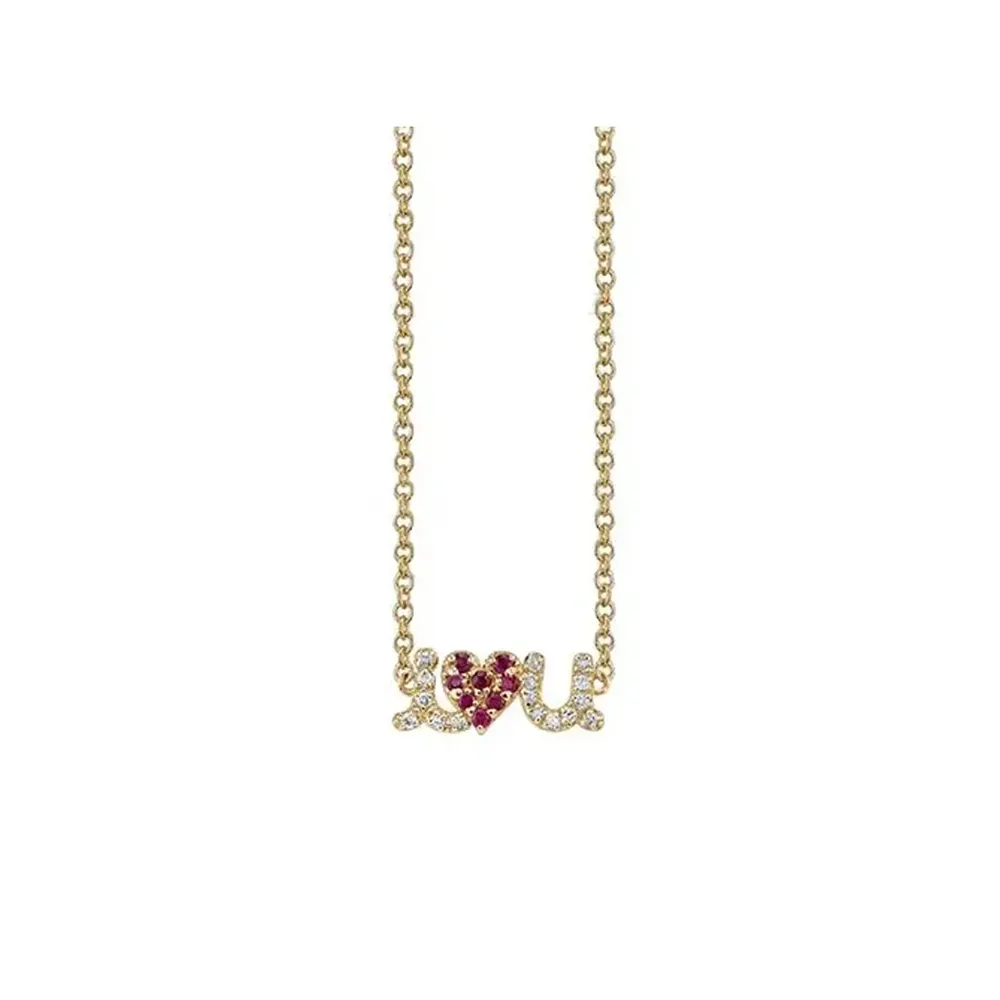 Colgante con forma de corazón de Rubí, collar de oro de 14k con diamantes de pavé 'I LOVE U' para momentos especiales