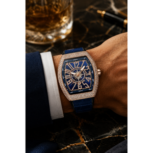 Reloj de Lujo para Hombre con Movimiento de Cuarzo Shanghai, Caja Rectangular, Incrustaciones de Diamantes, Correa de Cuero Azul y Oro Rosa, Caja Metálica - Product Image 2