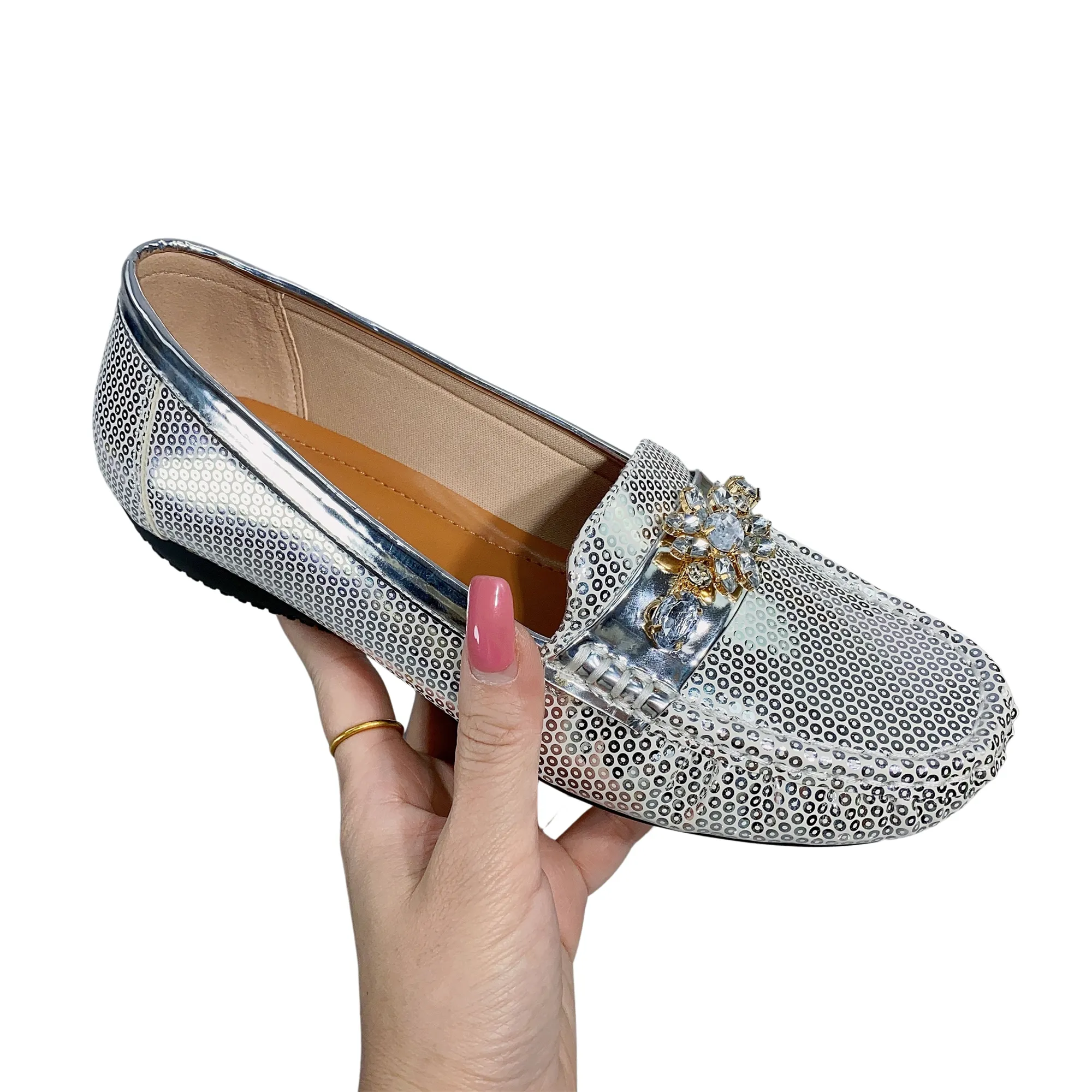 2023 New Luxury Bling Bling Glitter Ladies Flats Casual Shoes Leather Loafers Women Flat Shoes With Big Sizes 45