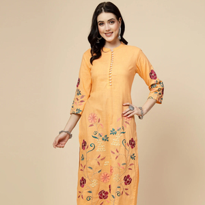 Ensemble Kurti et pantalon pour femme, style été tendance, orange et marron, belle broderie, 100% coton, manches longues, col mandarin, coupe droite - Product Image 1