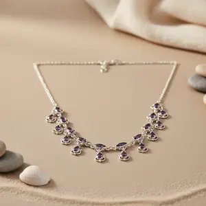 14K Gold 925 Silver <b>Necklace</b> for Women Rhodium Plated Teardrop Amethyst Gemstone Jewelry <b>Christian</b> Religious Geometric Pattern - Product Image 2