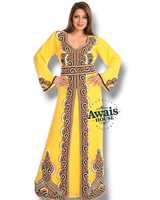 Robe longue pour femme, grande taille, col montant, manches longues, en georgette légère, ornée de perles et de paillettes, faite main, style ethnique, ourlet évasé, longueur ras du sol, pour l'Aïd de Dubaï